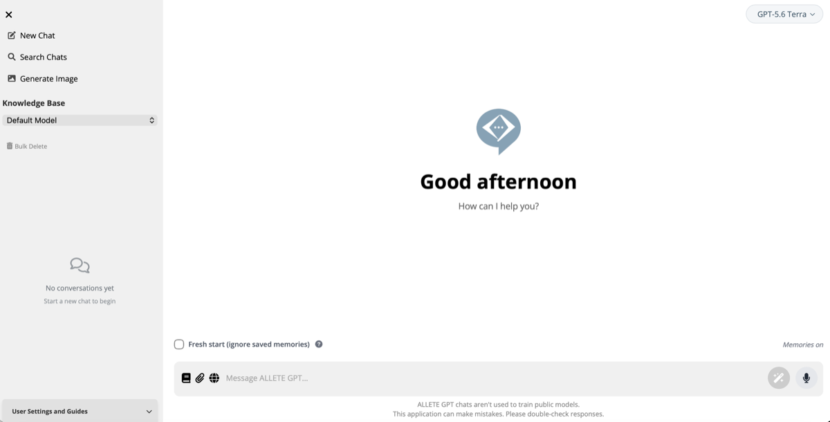 ALLETE GPT new chat screen, with model selection, knowledge base, and message input