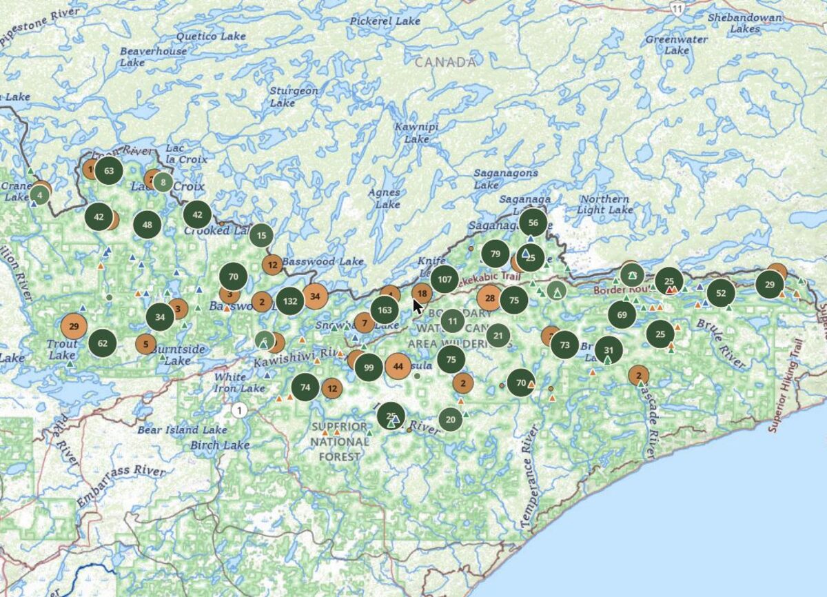 The BWCAcampsites map showing clustered campsite counts across the Boundary Waters