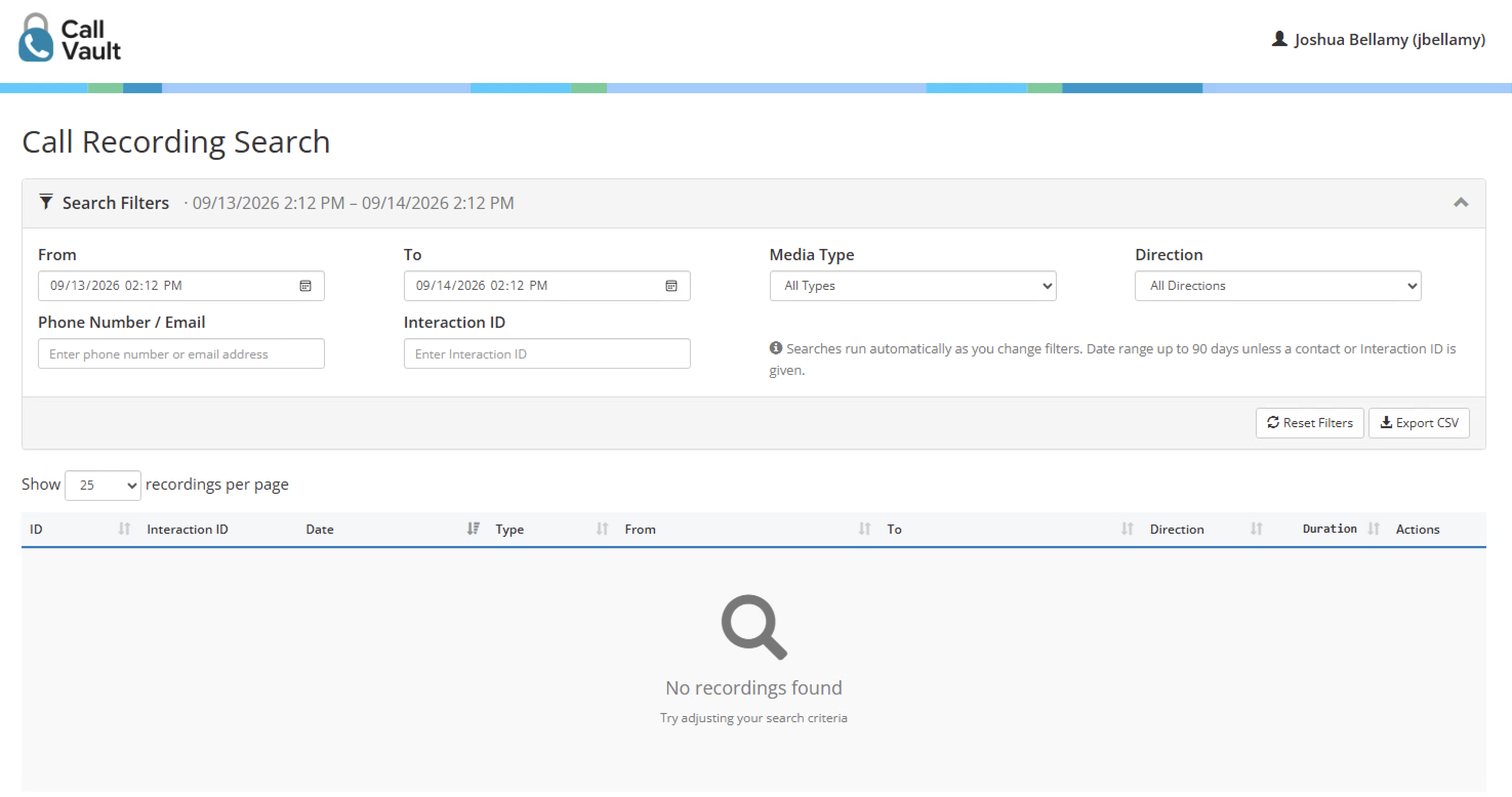 Call Vault recording search screen with date, media type, direction, and contact filters