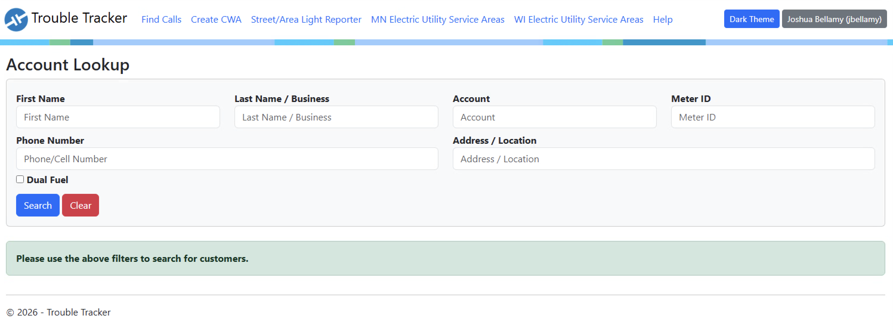 TroubleTracker account lookup screen with customer search fields and utility service links